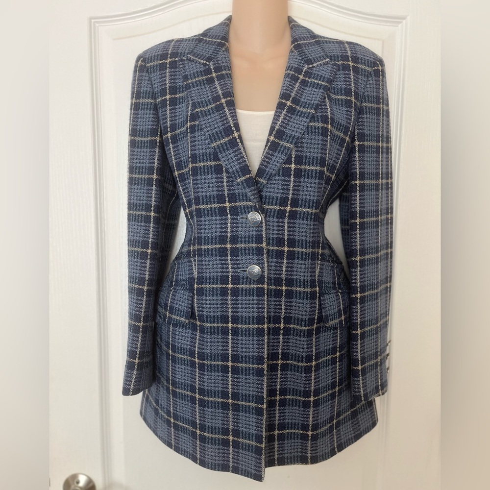 Escada Vintage 1980’s Blue Plaid Blazer Double E Logo Buttons, Size 36 - Picture 2 of 15